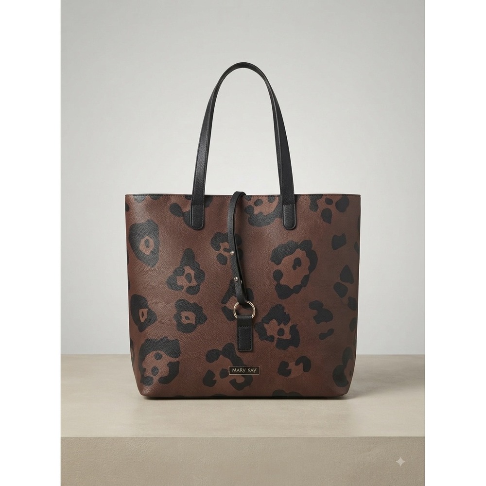 Mary Kay Leopard Print Tote Bag Brown Black Vegan Leather Floral Lining Large